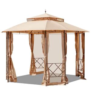 12 ft. x 10 ft. Patio Gazebo, Khaki Heavy Duty Outdoor Canopy with Mesh Curtain, Canopy Tent with Waterproof Double Roof