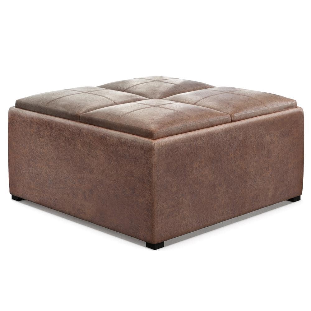 Avalon 35" Distressed Umber Brown Faux Leather Square Storage Ottoman