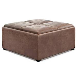 Avalon 35 in. Wide Contemporary Square Coffee Table Storage Ottoman in Distressed Umber Brown Vegan Faux Leather