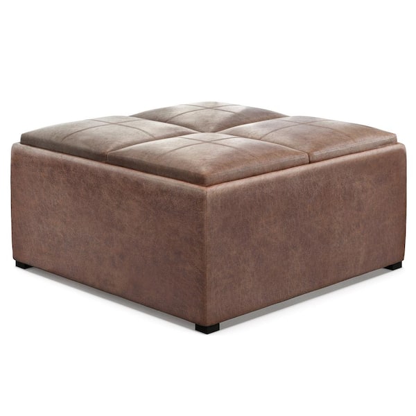 Simpli Home Avalon 35 in. Wide Contemporary Square Coffee Table Storage Ottoman in Distressed Umber Brown Vegan Faux Leather