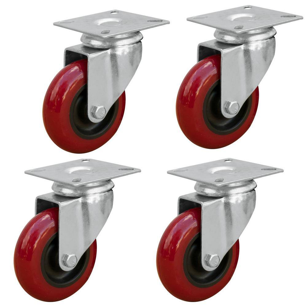 4 Pack 3 Inch Caster Wheels Swivel Plate with Stem On Red Polyurethane PU 