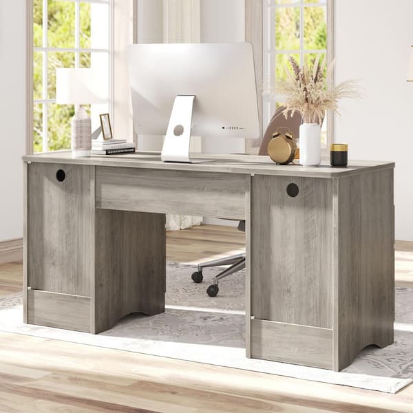 60 in. Wash Grey Fluted Executive Desk with 4-Storage Drawers and Keyboard Tray, Computer Desk for Home Office
