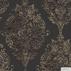 Metallic Charcoal Estate Damask Unpasted Wallpaper Roll (Covers 56 sq. ft.)