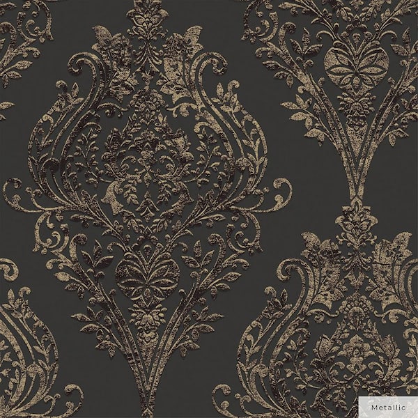 Tempaper Metallic Charcoal Estate Damask Unpasted Wallpaper Roll (Covers 56 sq. ft.)