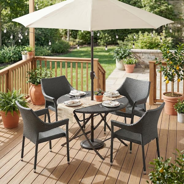 Grey 4-Piece PE Wicker and Iron Stackable Armchair Outdoor Dining Set Durable Construction
