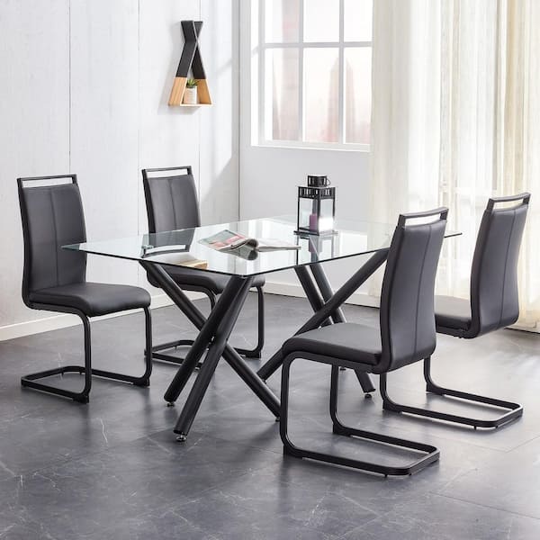 Set of 4-Modern Black PU Faux Leather High Back Upholstered