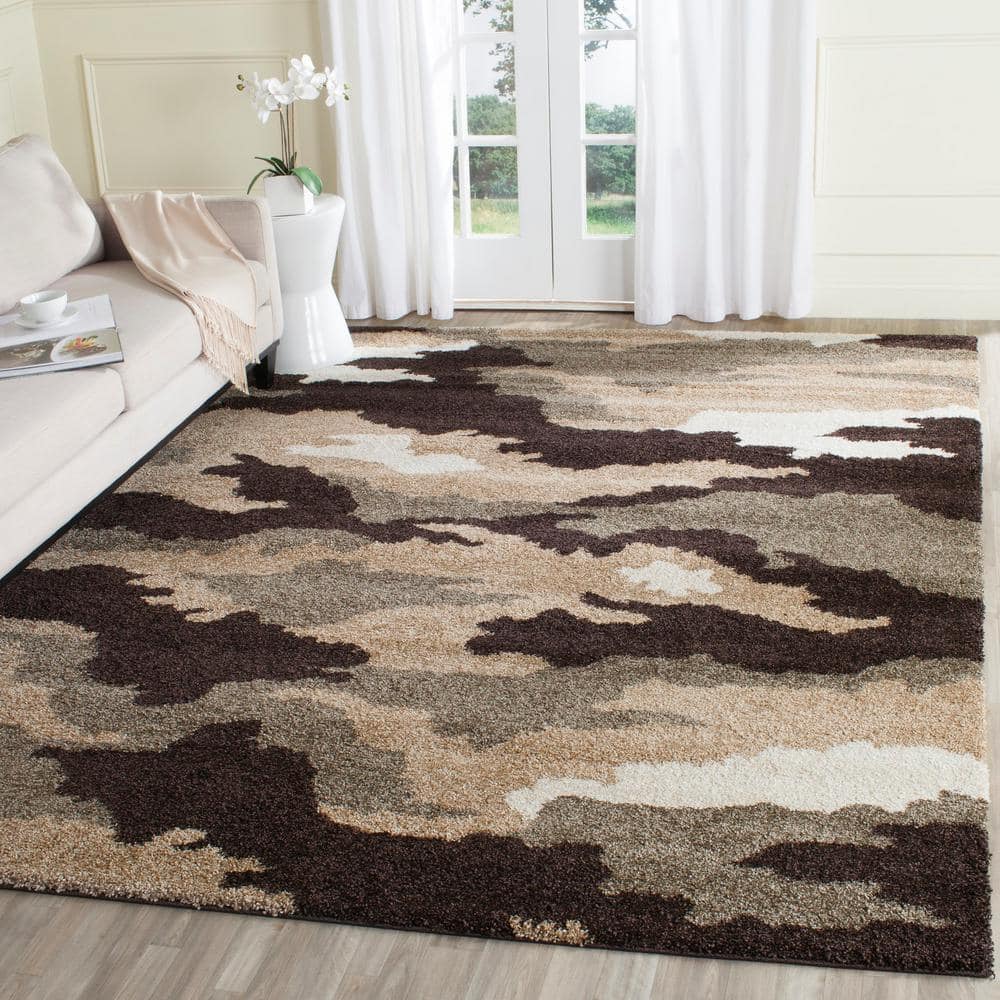 Gray and Beige Camouflage Shag 8' x 10' Area Rug