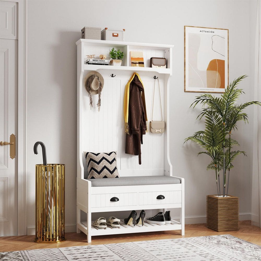 3-in-1 Wooden Entryway Coat Rack and Shoe Rack Upholstered Bench with 2 Storage Drawers and 4 Coat Hooks, White price history on PriceWatchPro