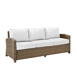 Bradenton Weathered Brown Wicker Outdoor Couch with Sunbrella White Cushions