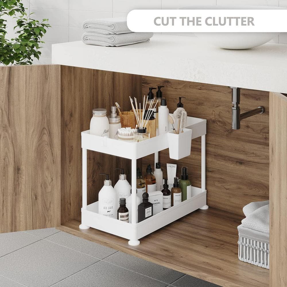 White Two-Tier Under Sink Organizer with Utility Hooks