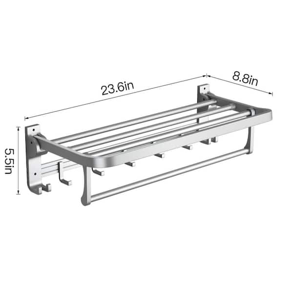 24 in. Silver Wall Mounted Towel Rack with Towel Bar Holder and Movable Hooks for Bathroom, Lavatory