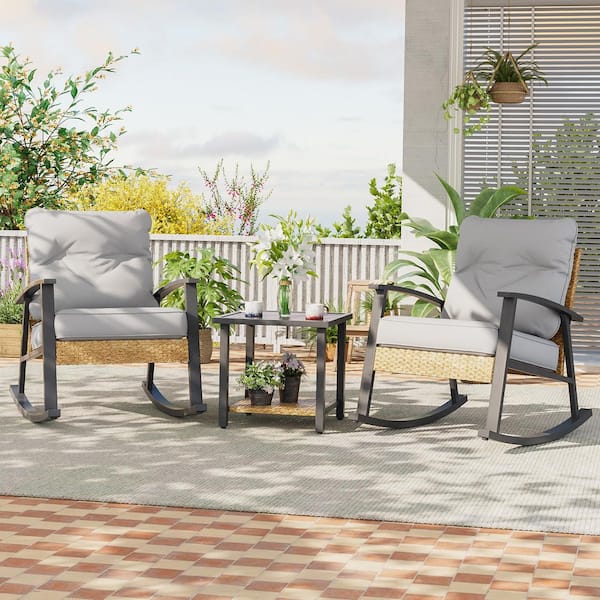 3 Piece Patio Rocking Bistro Set, Outdoor Porch Furniture Patio Chairs (Set of 2) with Side Table and Gray Cushions