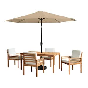 6 -Piece Set, Okemo Wood Outdoor Dining Table Set with 4 Cushioned Chairs, 10 ft. Auto Tilt Umbrella Sand