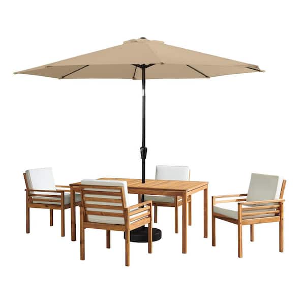 Alaterre Furniture 6 -Piece Set, Okemo Wood Outdoor Dining Table Set with 4 Cushioned Chairs, 10 ft. Auto Tilt Umbrella Sand