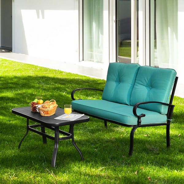 2-Piece Metal Patio Conversation Set with Turquoise Cushions
