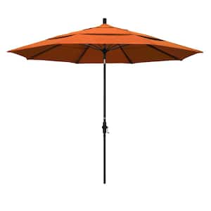 11 ft. Matted Black Aluminum Market Patio Umbrella with Fiberglass Ribs Collar Tilt Crank Lift in Tuscan Sunbrella