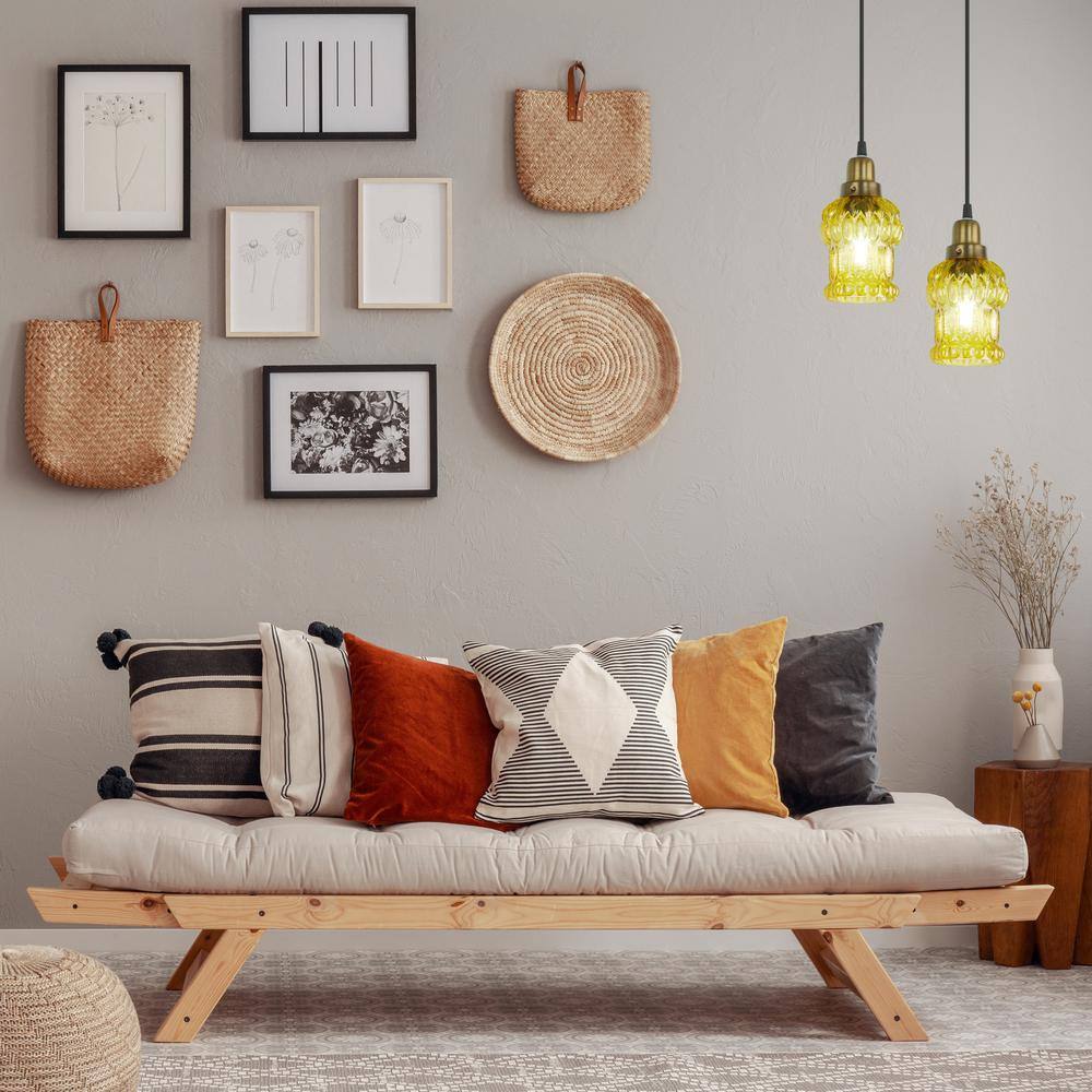 Yellow Textured Glass and Gold Metal Pendant Light, Adjustable Height