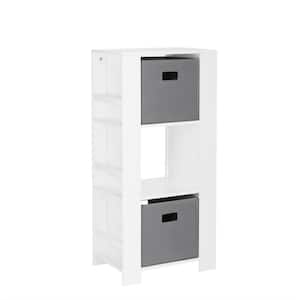 Kids White Cubby Storage Tower with Bookshelves with 2-Piece Gray Bins