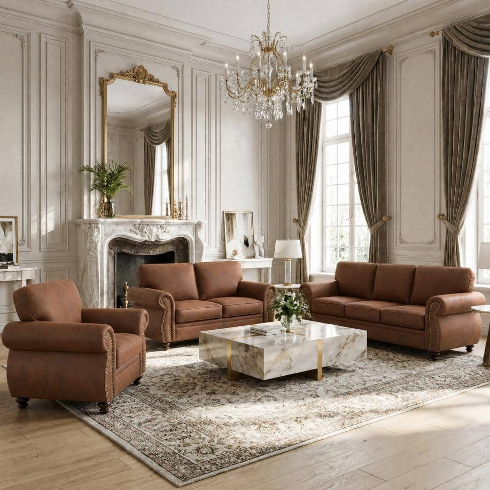 3-Piece Faux Leather Living Room Sofa Set with Rivet Trim,Accent Chair,Loveseat & 3-Seat Sofa,Caramel Rust