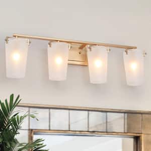 28 in. Modern Farmhouse Bathroom Vanity Light, 4-Light Contemporary Gold Wall Sconces with Bell Frosted Glass Shades