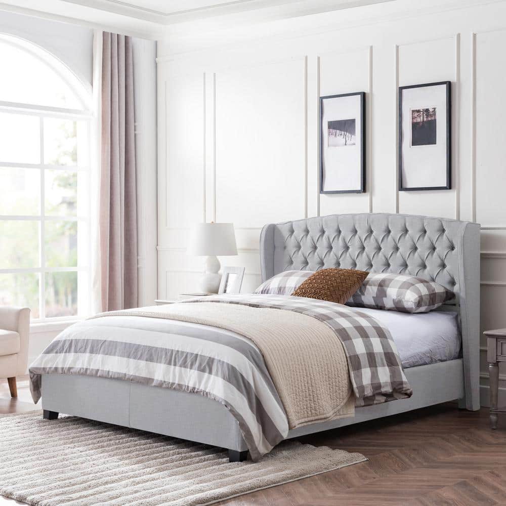 Elegant Light Gray Wingback King Platform Bed with Tufted Headboard
