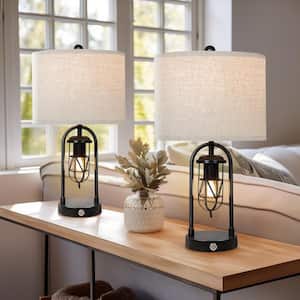 22 in. Black Bedside Table Lamp Set with Linen Shade and USB+Type-c Ports, Nightlight, LED Bulbs Included (Set of 2)