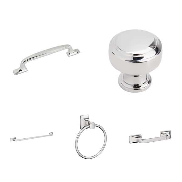 Highland Ridge Polished Chrome Set: 5-1/16 in. Arch Pull, 1-3/16 in. Knob, 24 in. Towel Bar, Towel Ring and TP Holder