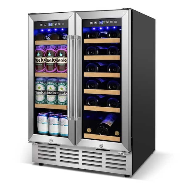 24 in. Dual Zone 18-Wine Bottles and 80-Cans Beverage Cooler Fridge in Stainless Steel With Adjustable Shelves