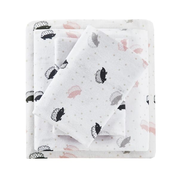 Cozy Soft 4-Piece Pink/Grey Hedgehogs Cotton Queen Sheet Set