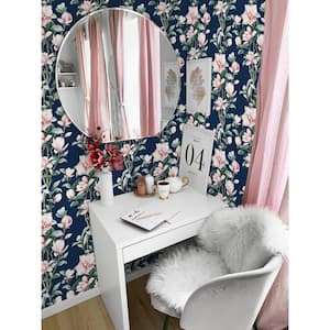 30.75 sq. ft. Navy and Blush Magnolia Trail Vinyl Peel and Stick Wallpaper Roll