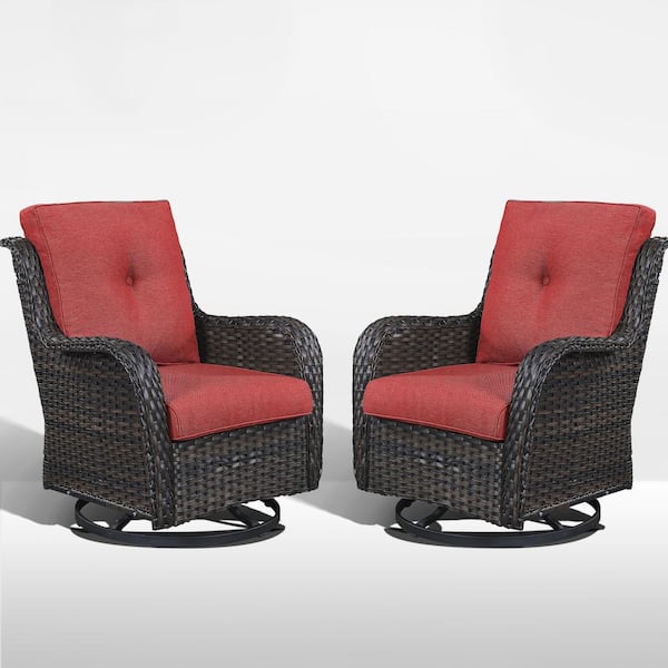 ArcoBay Metal and Brown Wicker Outdoor Rocking Chair Patio Swivel Chairs with Olefin Red Cushions (2-Pack)