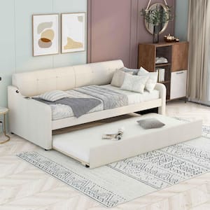 Beige Twin Size Upholstery Daybed with Trundle and USB Charging Design