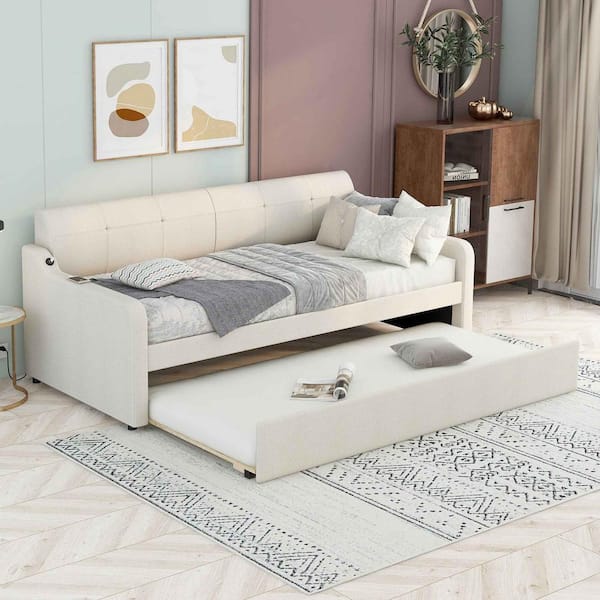 Polibi Beige Twin Size Upholstery Daybed with Trundle and USB Charging Design
