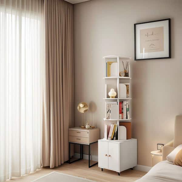 Wyclif Rotating 69.68 in. Tall White MDF 5-Shelf Corner Bookcase with Cabinet and Lockable Wheels