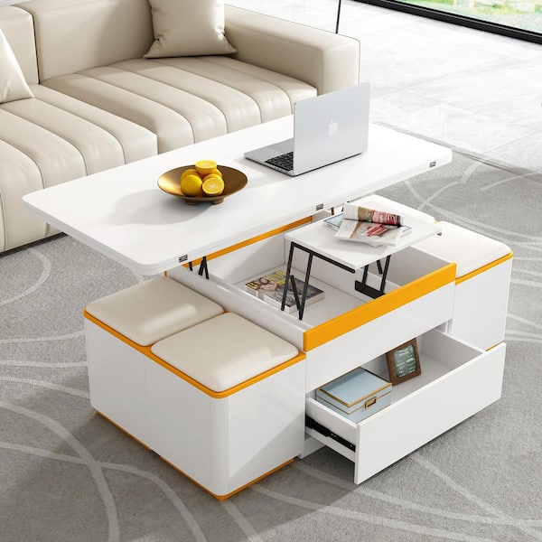 White 47.2 in. Modern Rectangle Lift-Top Wood Coffee Table with 4 Storage Stools, 2 Drawers(3 Configurable Modes)
