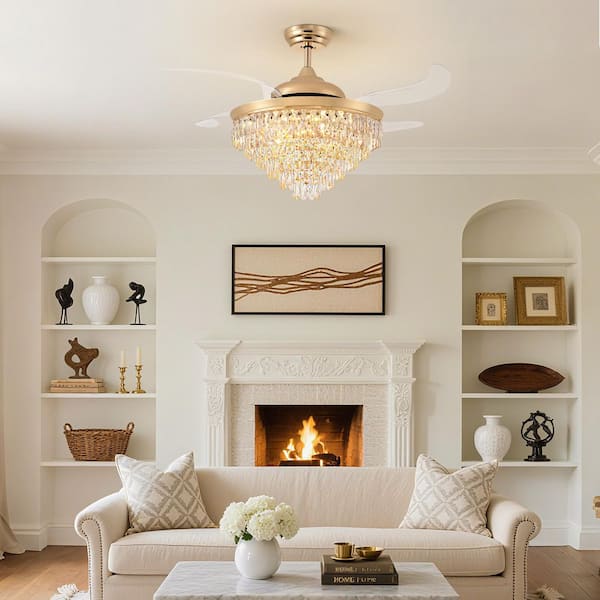 52 in. Modern Indoor Modern Gold Retractable Crystal Ceiling Fan with light and Remote, Chandelier Fan Downrod Mount