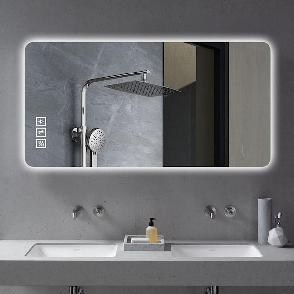 ANGELES HOME 27.5 in. W x 59.1 in. H Rectangular Frameless Anti-Fog Wall Mounted LED Light Bathroom Vanity Mirror, Dimmable