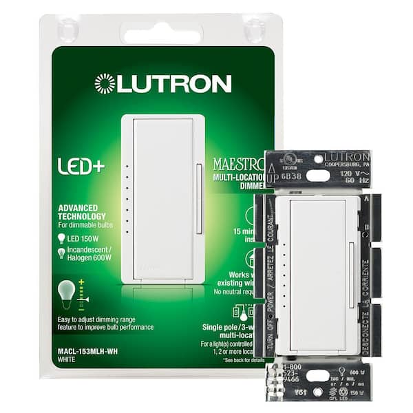 Lutron Maestro LED+ Dimmer Switch for Dimmable LED, Halogen and Incandescent Bulbs, Single-Pole or Multi-Location, White