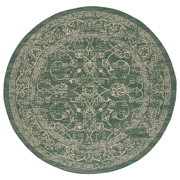 Courtyard Dark Green/Beige 7 ft. x 7 ft. Border Antique Floral Indoor/Outdoor Round Area Rug