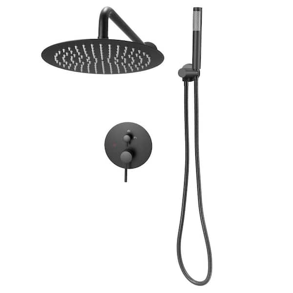 Shower Faucet Set, Matte Black Wall-Mount with Brass Valve & Trim Kit, 10in. Round Rainfall Shower Head & Handheld Spray