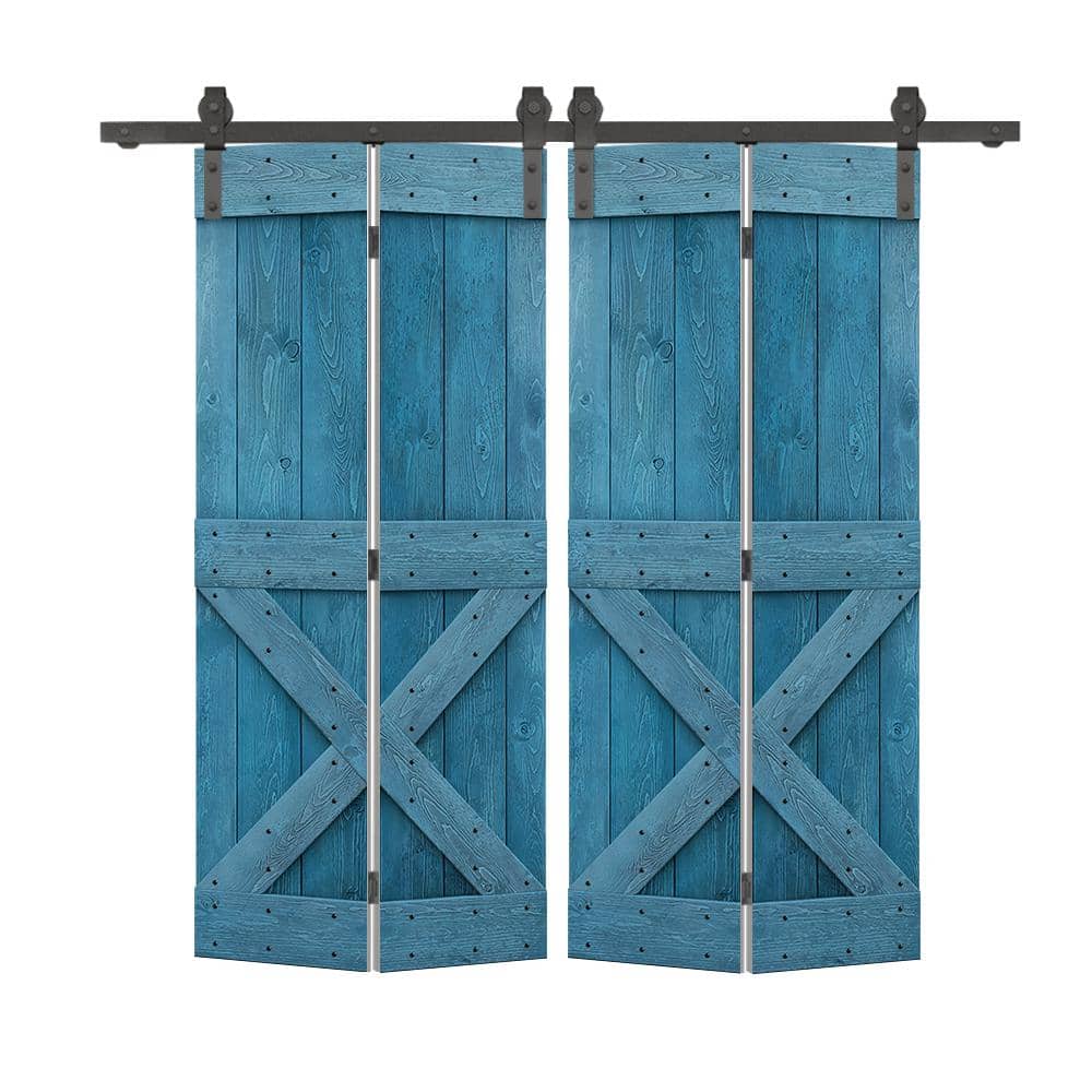 56 in. x 80 in. Mini X Series Solid Core Ocean Blue Stained DIY Wood Double Bi-fold Doors with Sliding Hardware Kit price history on PriceWatchPro