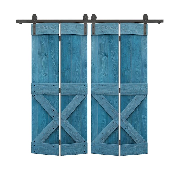 CALHOME 64 in. x 84 in. Mini X Series Solid Core Ocean Blue Stained DIY Wood Double Bi-Fold Barn Doors with Sliding Hardware Kit