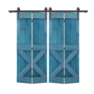 72 in. x 84 in. Mini X Series Ocean Blue Stained DIY Wood Double Bi-Fold Barn Doors with Sliding Hardware Kit