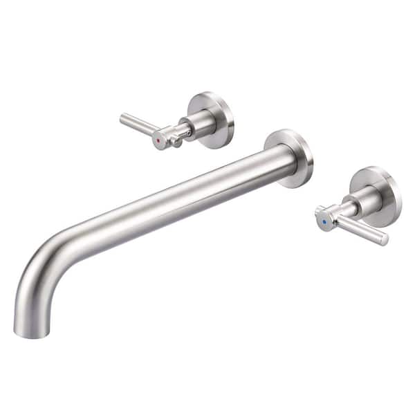 WOWOW Cross 2-Handle Wall Mounted Roman Tub Faucet with Long Spout, Brass 3-Hold Tub Fille Faucet in Brushed Nickel