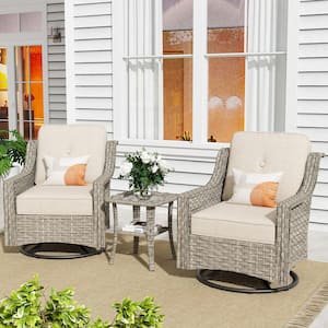 Eureka Grey 3-Piece Wicker Outdoor Patio Conversation Swivel Rocking Chair Seating Set with Beige Cushions