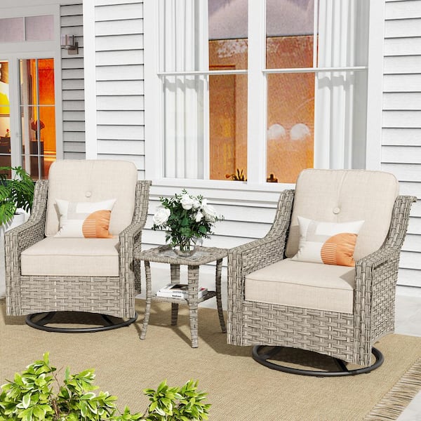 Toject Eureka Grey 3-Piece Wicker Outdoor Patio Conversation Swivel Rocking Chair Seating Set with Beige Cushions