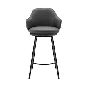 26 in. Grey Faux Leather and Black Metal Swivel Counter Stool