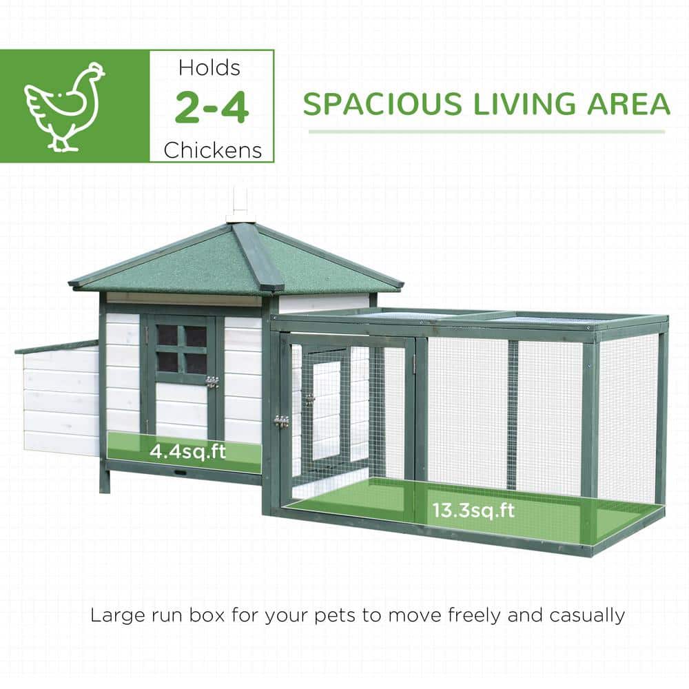 Green and White Wooden Chicken Coop with Nesting Box and Run