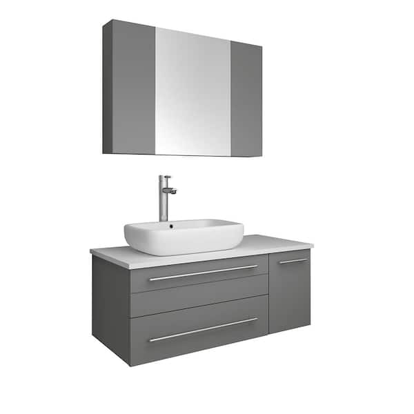 Fresca Lucera 36 in. Single Sink Wall Mount Gray Bath Vanity with White Quartz Top, Vessel Left Sink and Medicine Cabinet