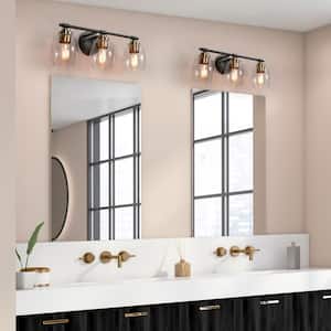 Modern Black Bathroom Vanity Light, 24.4 in. 3-Light Brass Gold Bell Vanity Light with Seeded Glass Shades